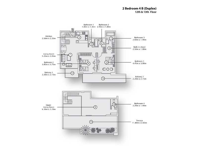 2 Bedroom Apartment 4 B(Duplex), 12th & 13th Floor